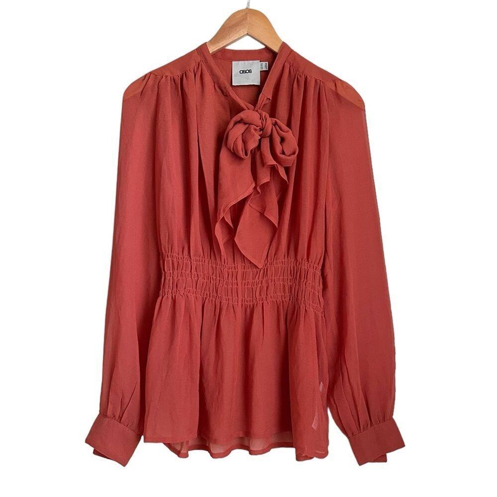 ASOS NWT Sheer Peplum Blouse 6 Terracotta Balloon Sleeve Tie Neck Office Siren